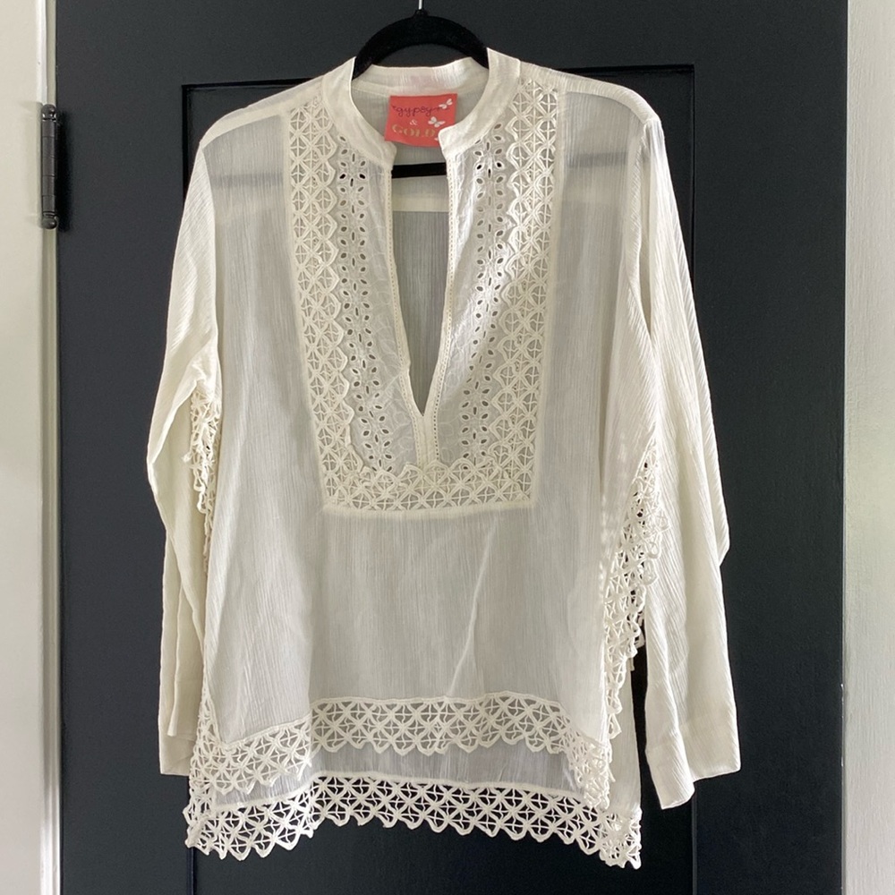 Women’s Gypsy and Gold Ivory Tunic Cover Up Top Sz S